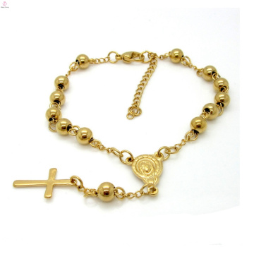 Joyería de crucifijo de cadena de perlas de oro personalizado Pulsera de rosario católico de cruz de Jesús